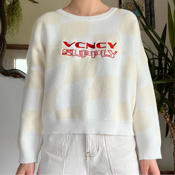 Vacancy Grand Prix Cream Checker Print Knit Sweater - Picture 3 of 11